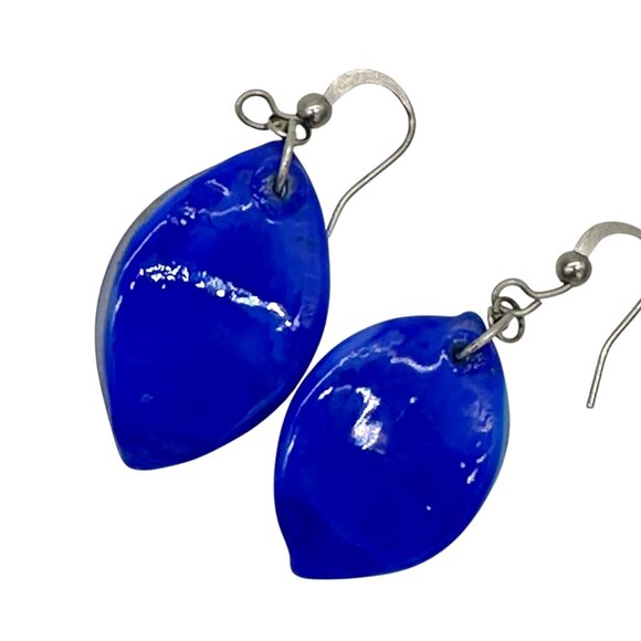 Handcrafted Fused Glass Necklace Earrings Set Blue Abstract Design Sheer Ribbon - Picture 8 of 13